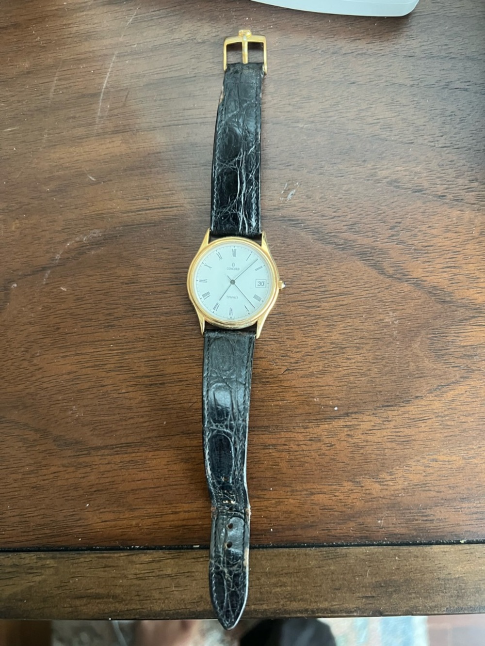 1980’s Vintage Tiffany & Co. Concord Gold Watch with Black Leather Strap